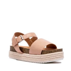 Qupid Cancun Nude Strap Sandal Thick Wedge Size 6.5